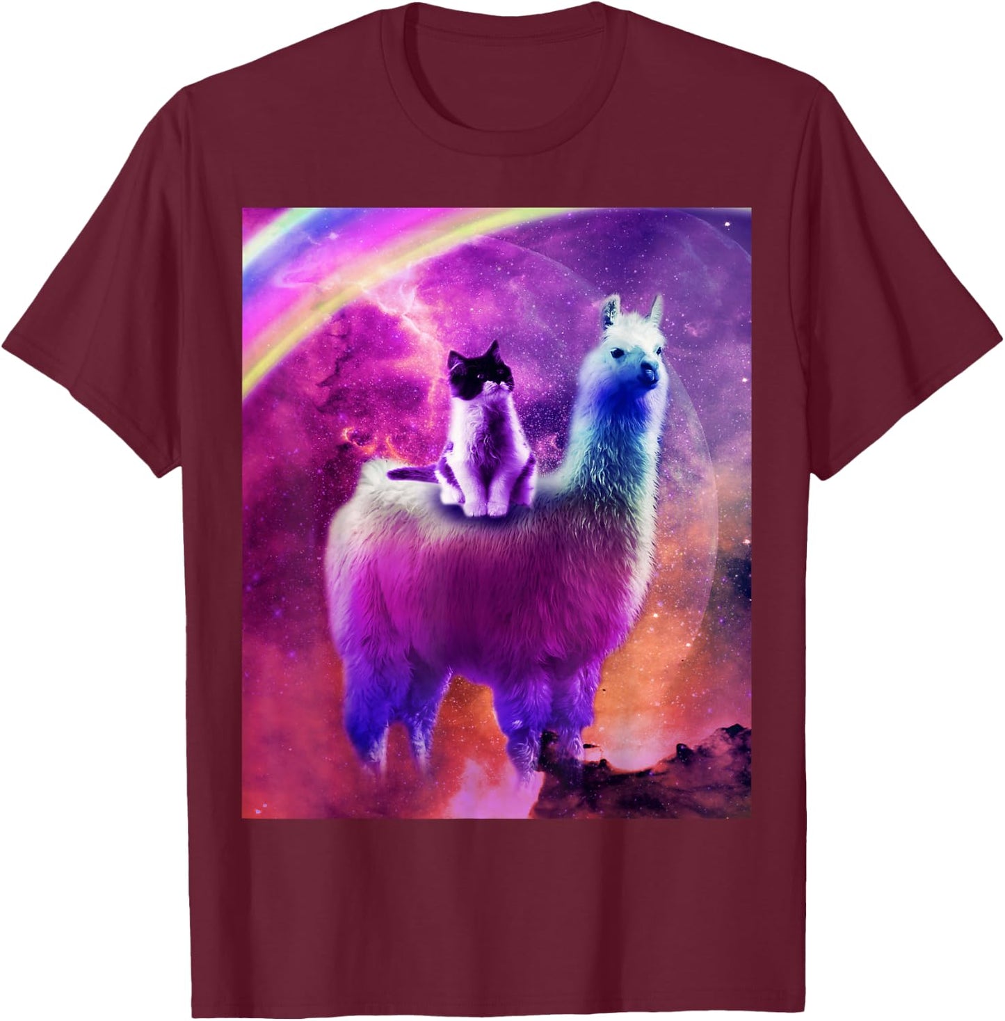 Kitty Cat Riding On Rainbow Llama In Space T-Shirt - T-Shirt | Maroon