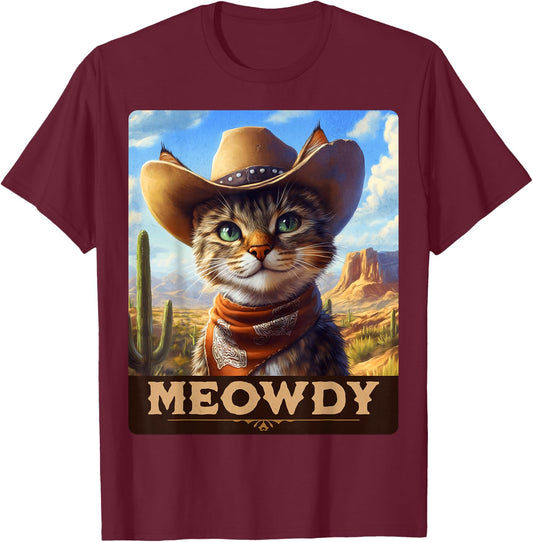 Meowdy, Cowboy: A Furry Friend in the Wild West, Cat - Black, Small, Short Sleeve, Classic Fit, -Adults/Kids, Cat Lovers, Country Enthusiasts, Humor Appreciators T-Shirt - T-Shirt | Maroon