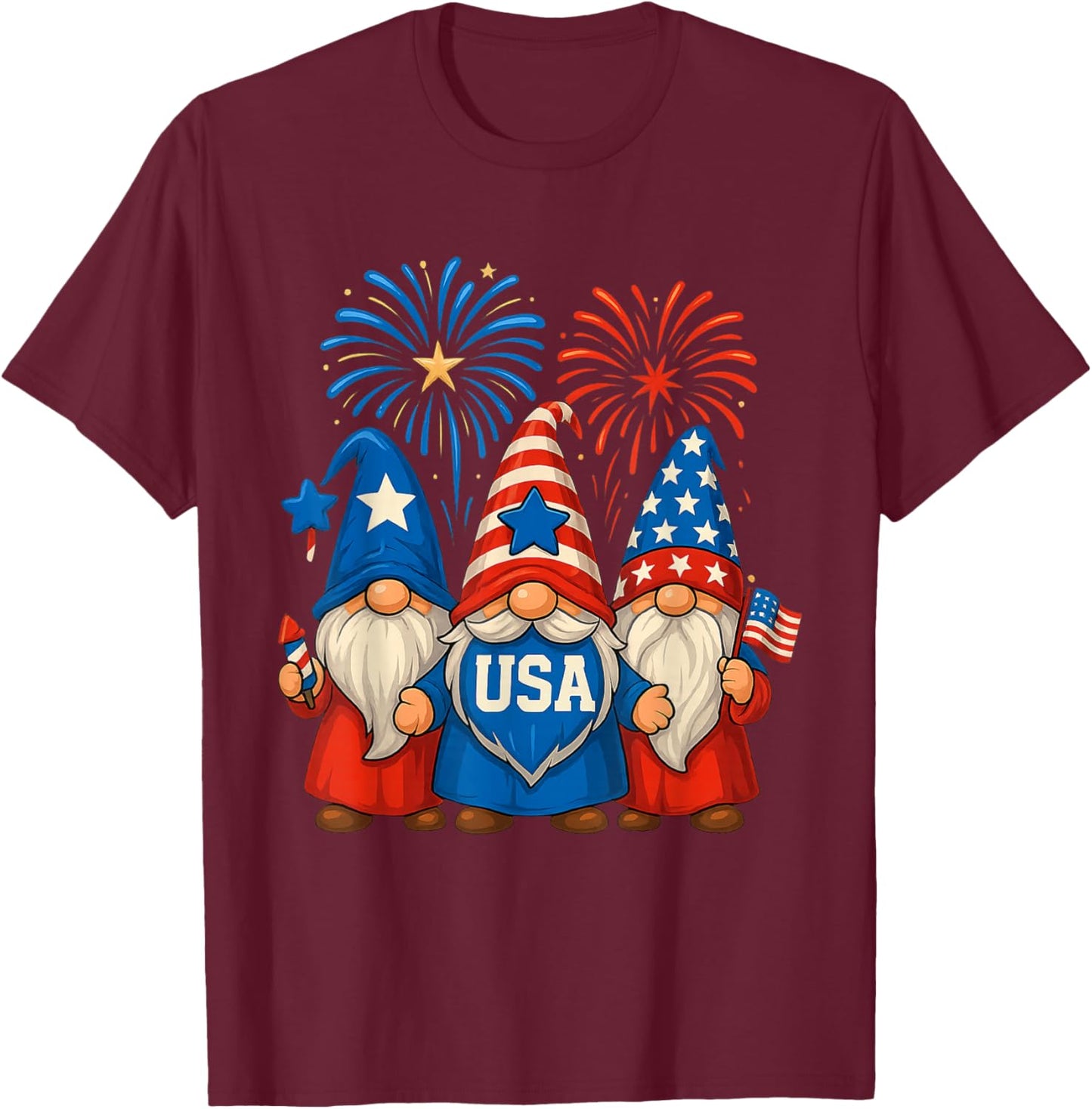 4th of July Three Gnomes Celebrating USA Independence Day T-Shirt - T-Shirt | Maroon