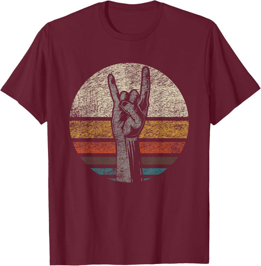 Retro Rock On Hand Horns for Rock and Roll Music Lovers Small T-Shirt - T-Shirt | Maroon