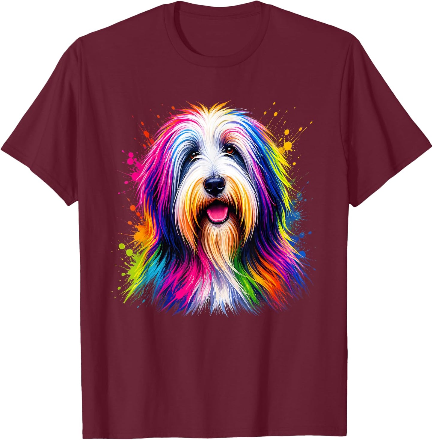 Bearded Collie Colorful Dog Portrait T-Shirt - T-Shirt | Maroon