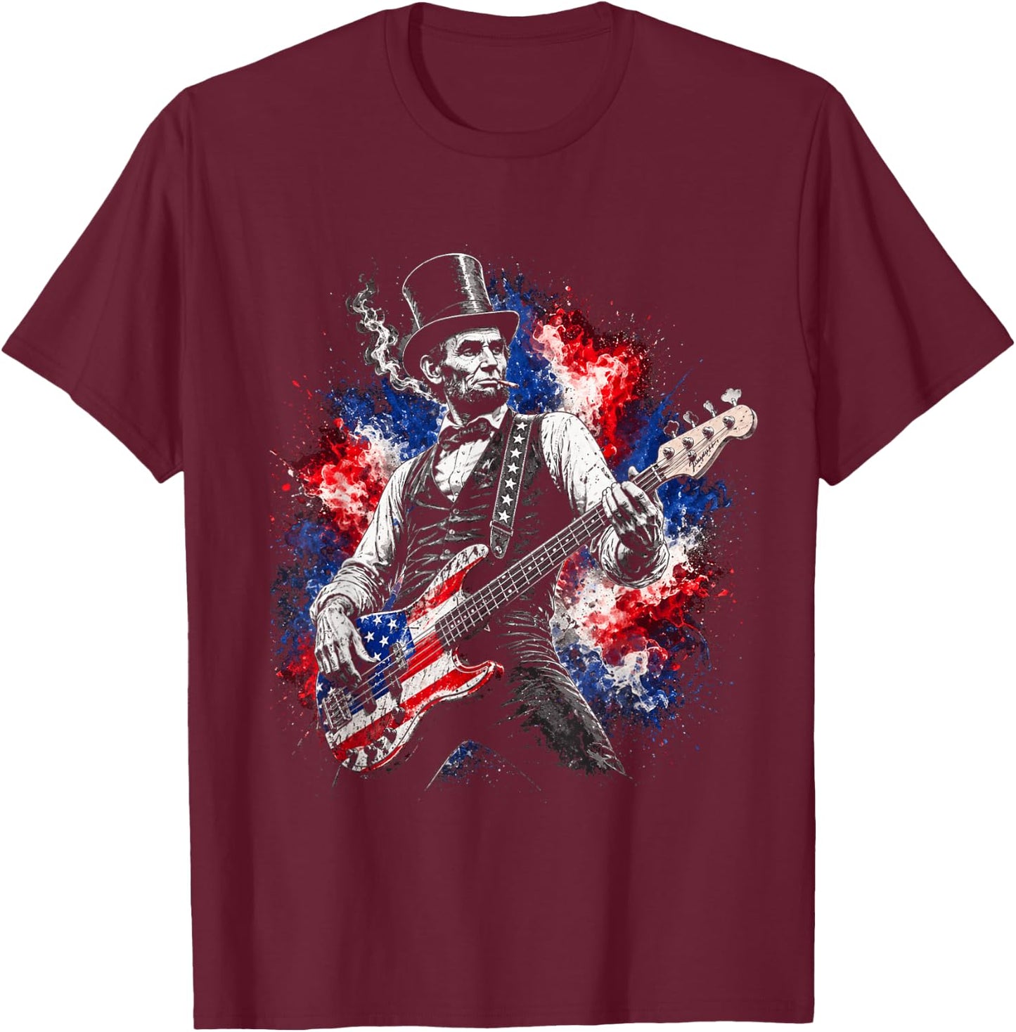 abe Lincoln Playing Guitar USA Flag 4th July Lincoln Guitar T-Shirt - T-Shirt | Maroon