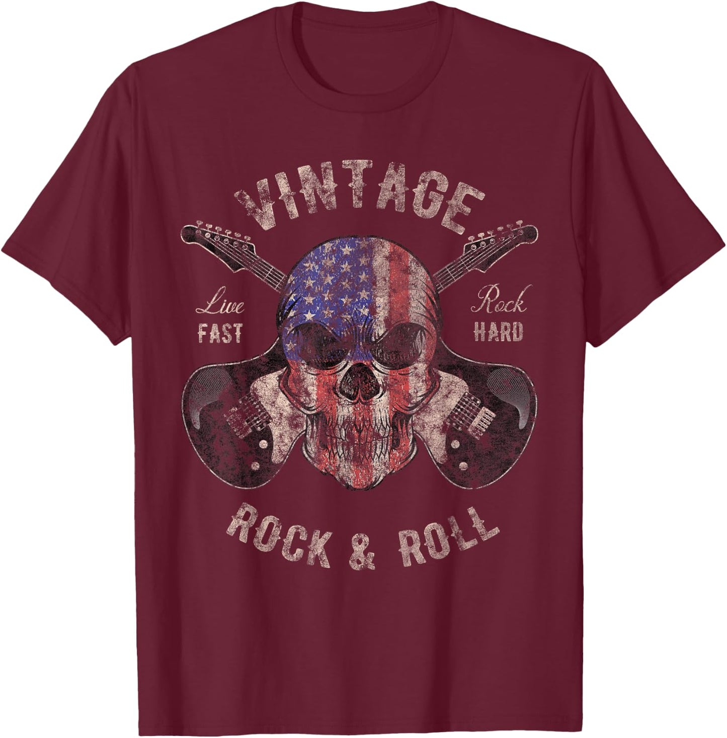 American Flag Guitar Vintage Rock and Roll Skull Guitarist T-Shirt - T-Shirt | Maroon