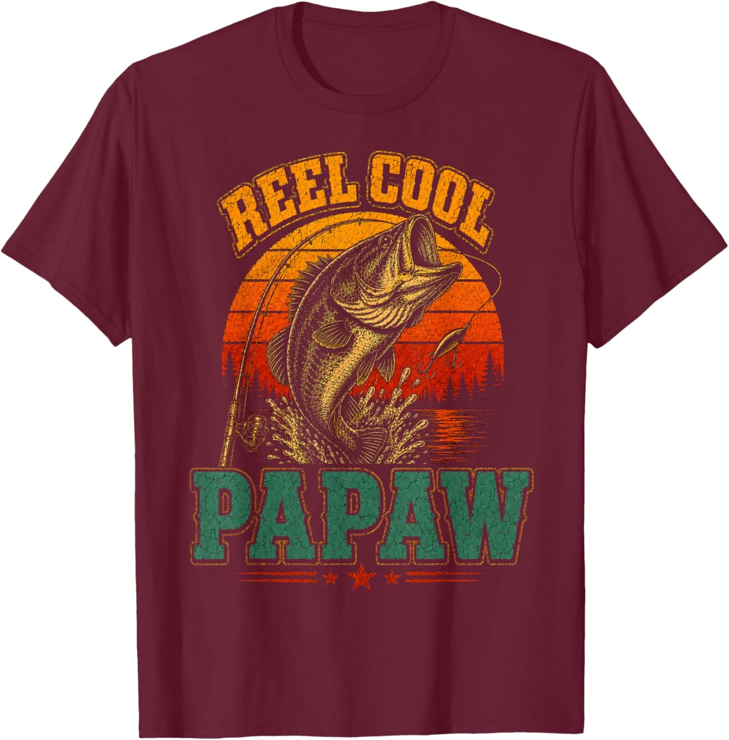 Reel Cool Papaw Vintage Fishing Retro Sunset Father's Day T-Shirt - T-Shirt | Maroon