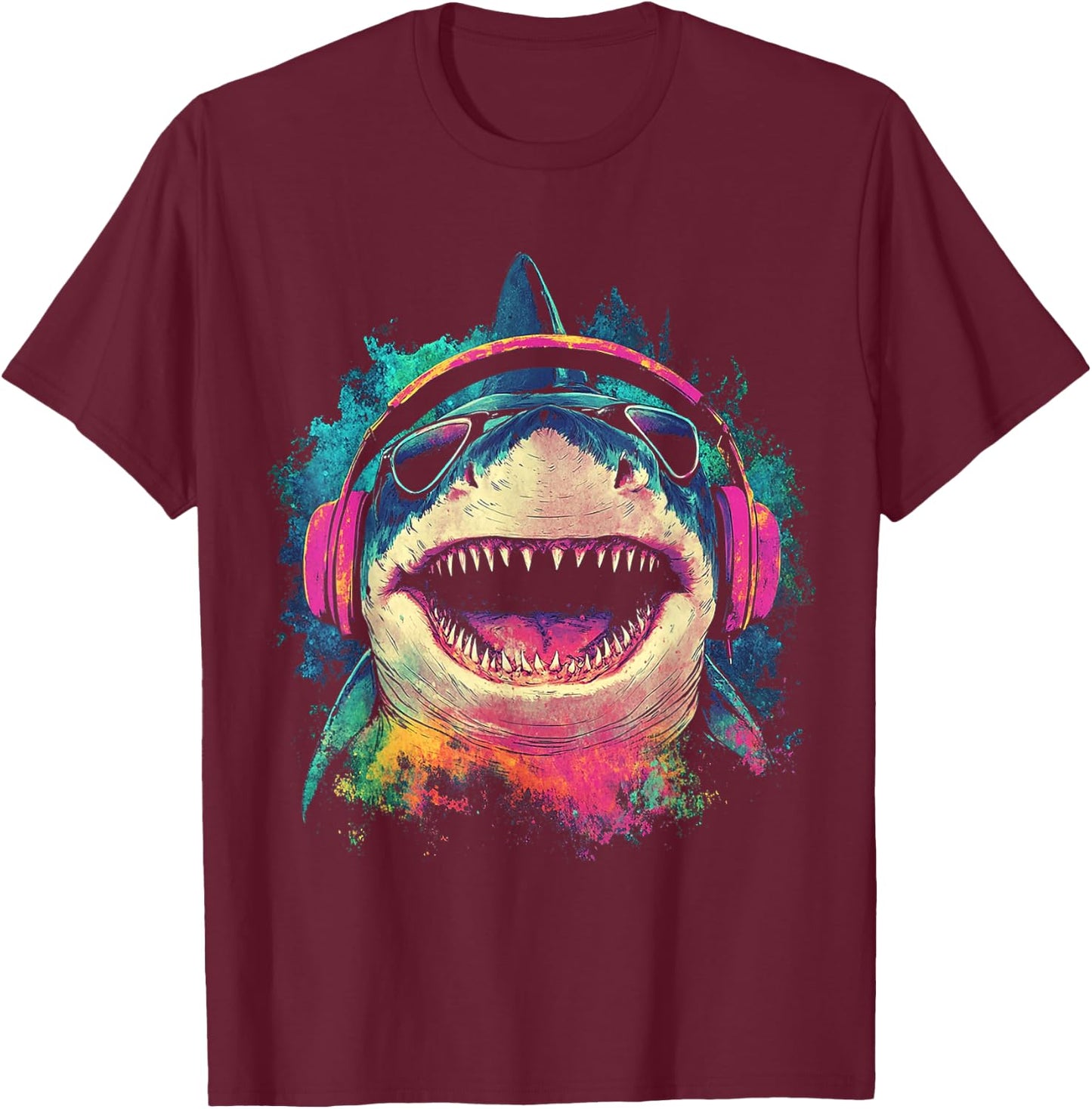 Shark Animal Graphic Music Headphone Art Shark T-Shirt - T-Shirt | Maroon