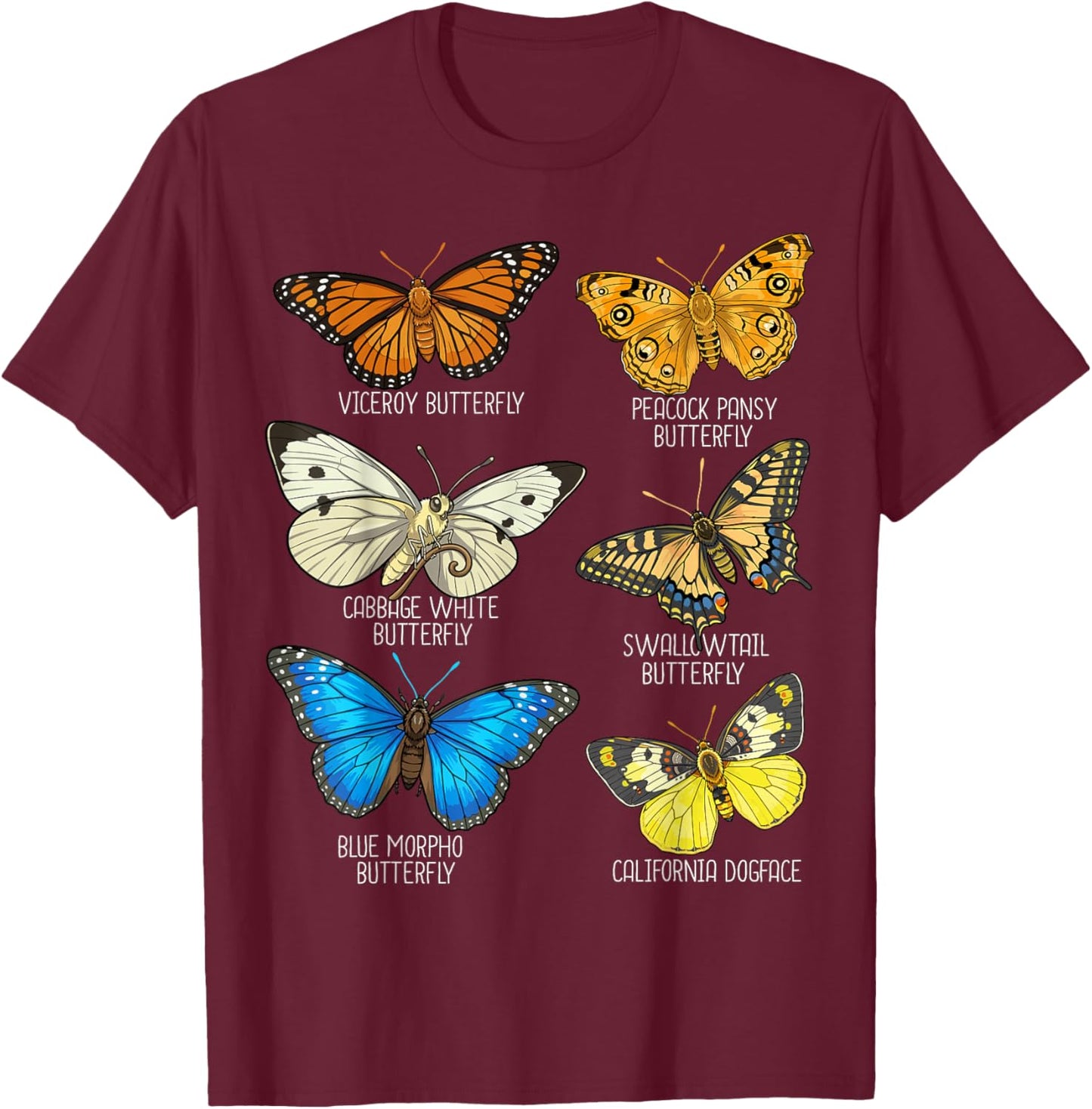 Collection of Butterflies Species Insects Butterfly T-Shirt - T-Shirt | Maroon