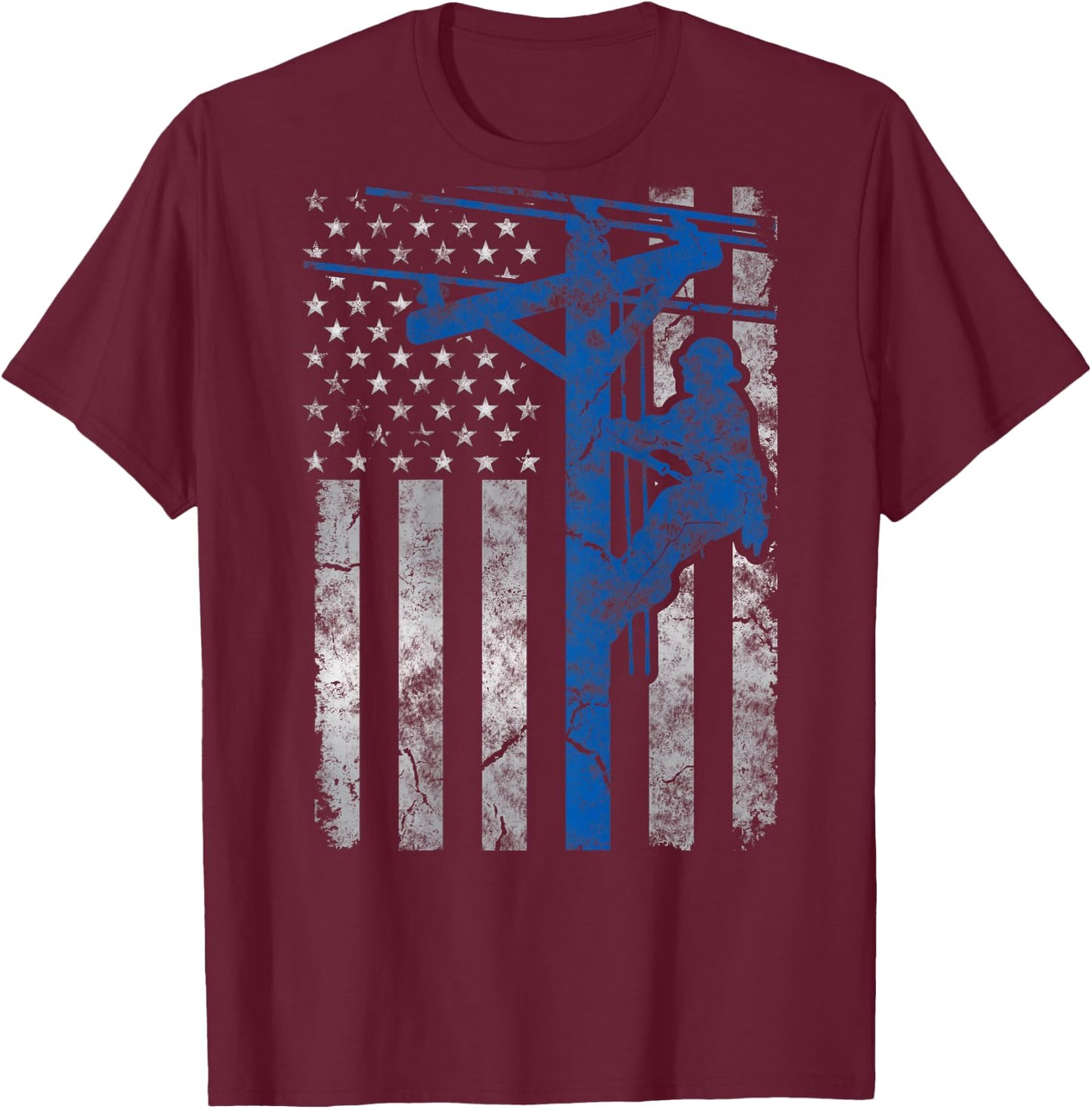 Distressed Patriotic Thin Blue Line Lineman American Flag T-Shirt - T-Shirt | Maroon