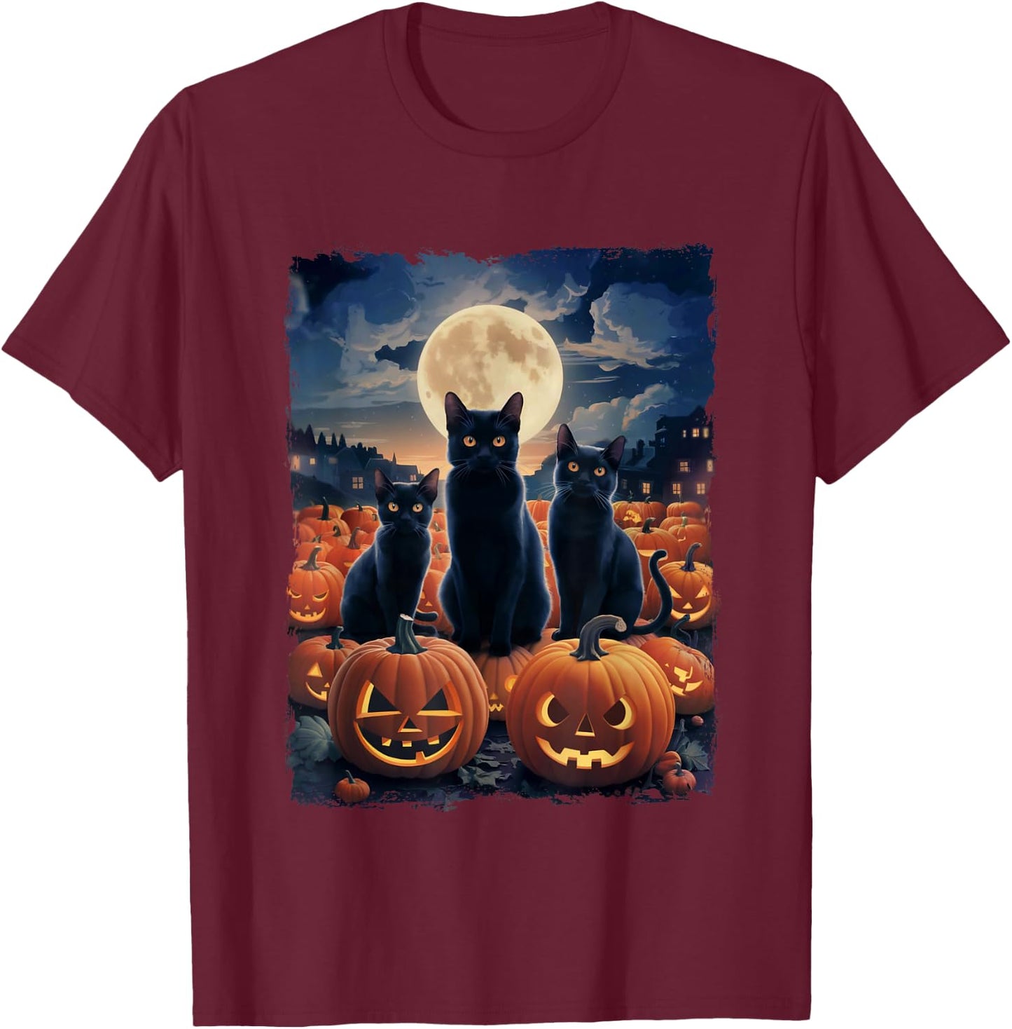 3 Black Cats Men & Cat Lovers Starry Night Halloween T-Shirt - T-Shirt | Maroon