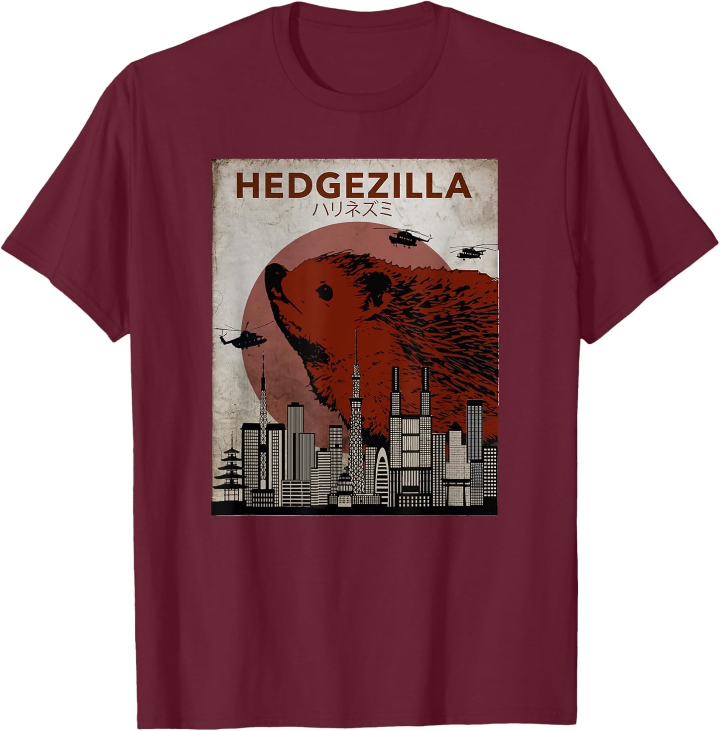 Rare HedGZilla Movie Poster Style Graphic Hedgehog Art T-Shirt - T-Shirt | Maroon