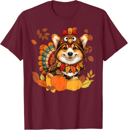 Corgi Dog Turkey Thanksgiving Costume Women Men Kids Toddler T-Shirt - T-Shirt | Maroon