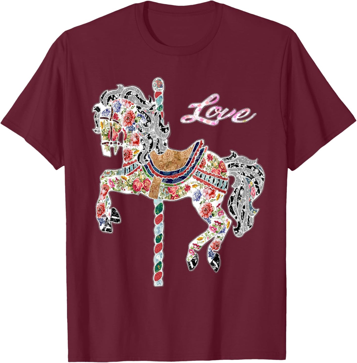 Carousel horse vintage illustration quilting style shirt. T-Shirt - T-Shirt | Maroon