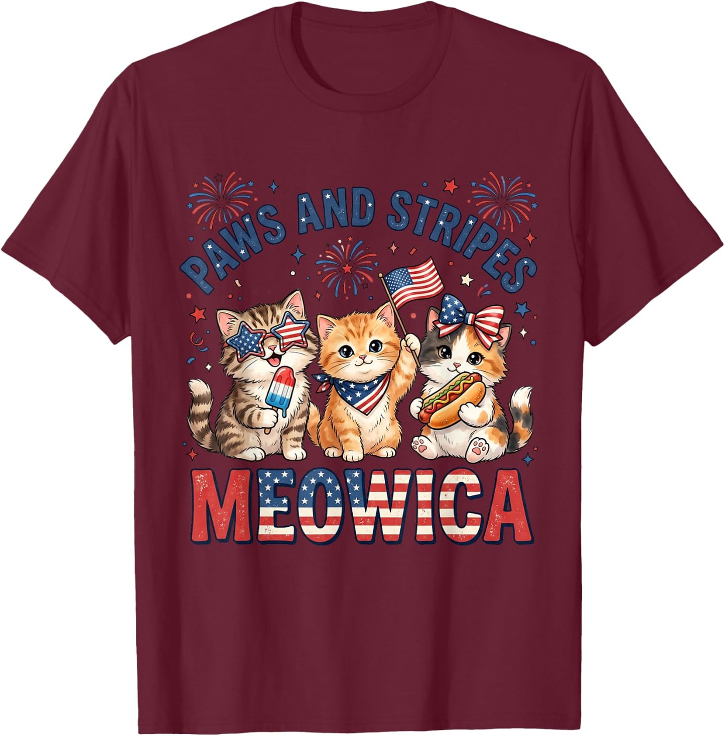 Paws and Stripes Meowica Patriotic Cat 4th of July Kitten T-Shirt - T-Shirt | Maroon