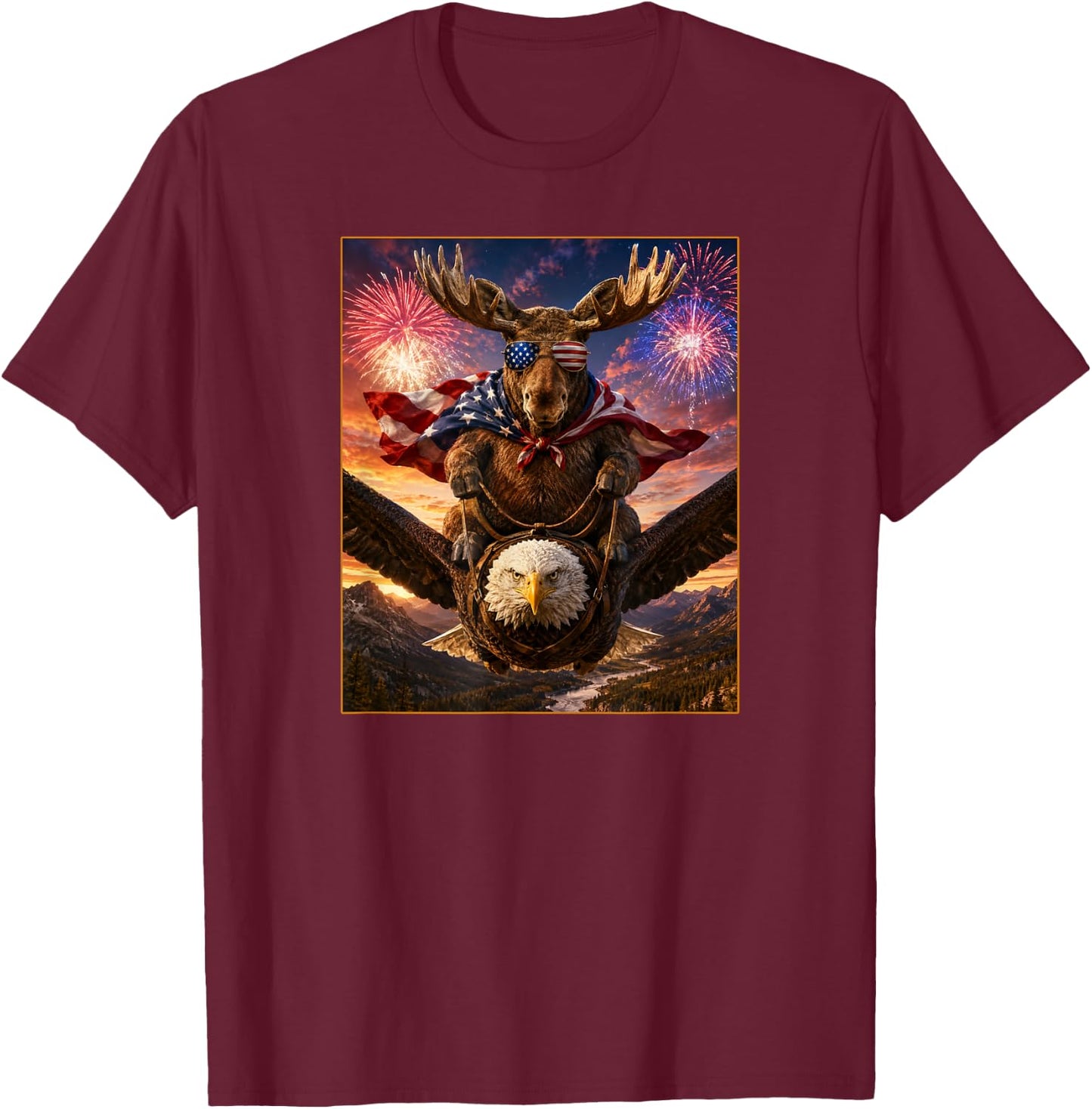 Moose on Bald Eagle American Flag Glasses USA T-Shirt - T-Shirt | Maroon