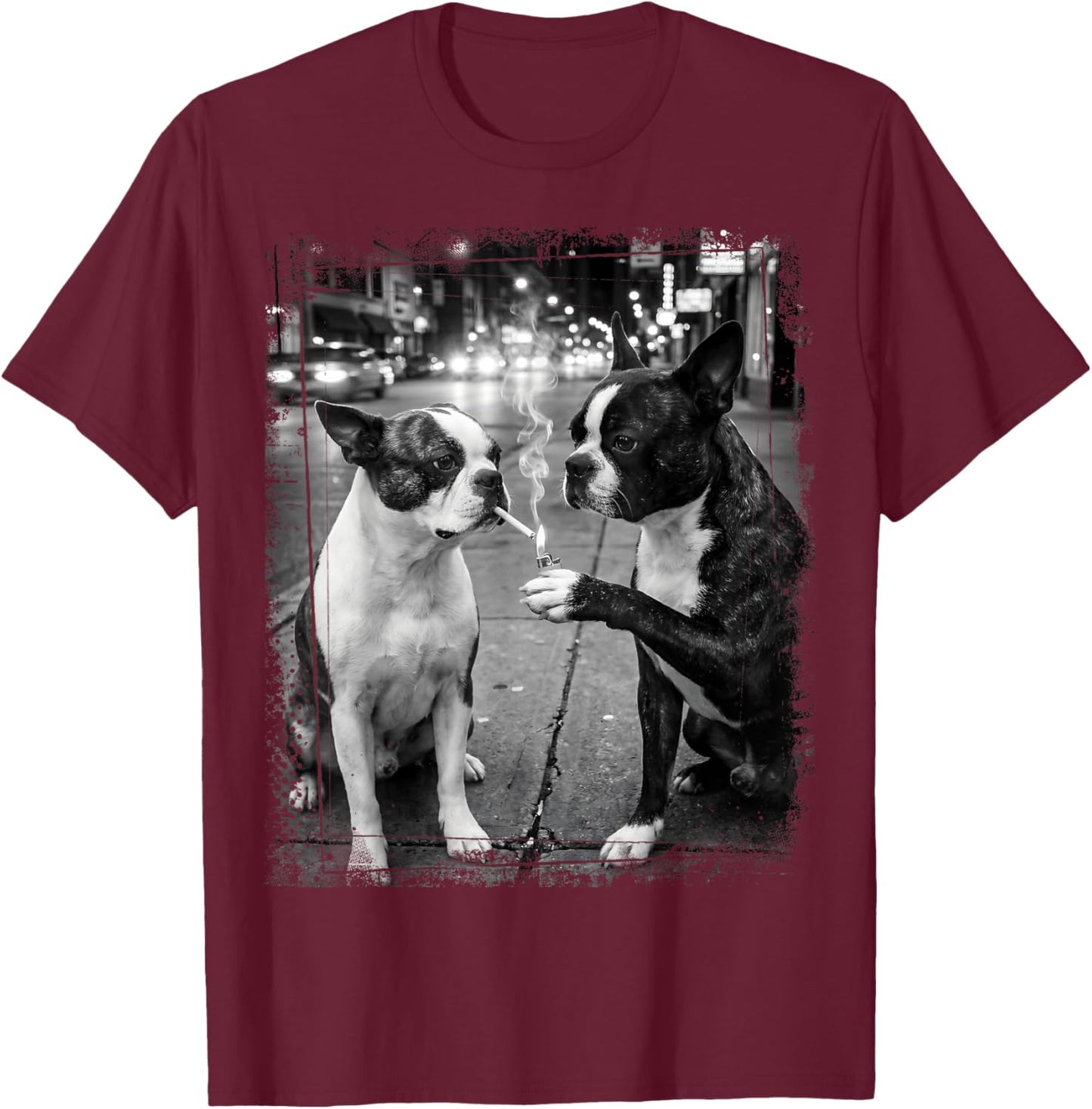 Boston Terrier Smoking Dog Edgy Street Art T-Shirt - T-Shirt | Maroon