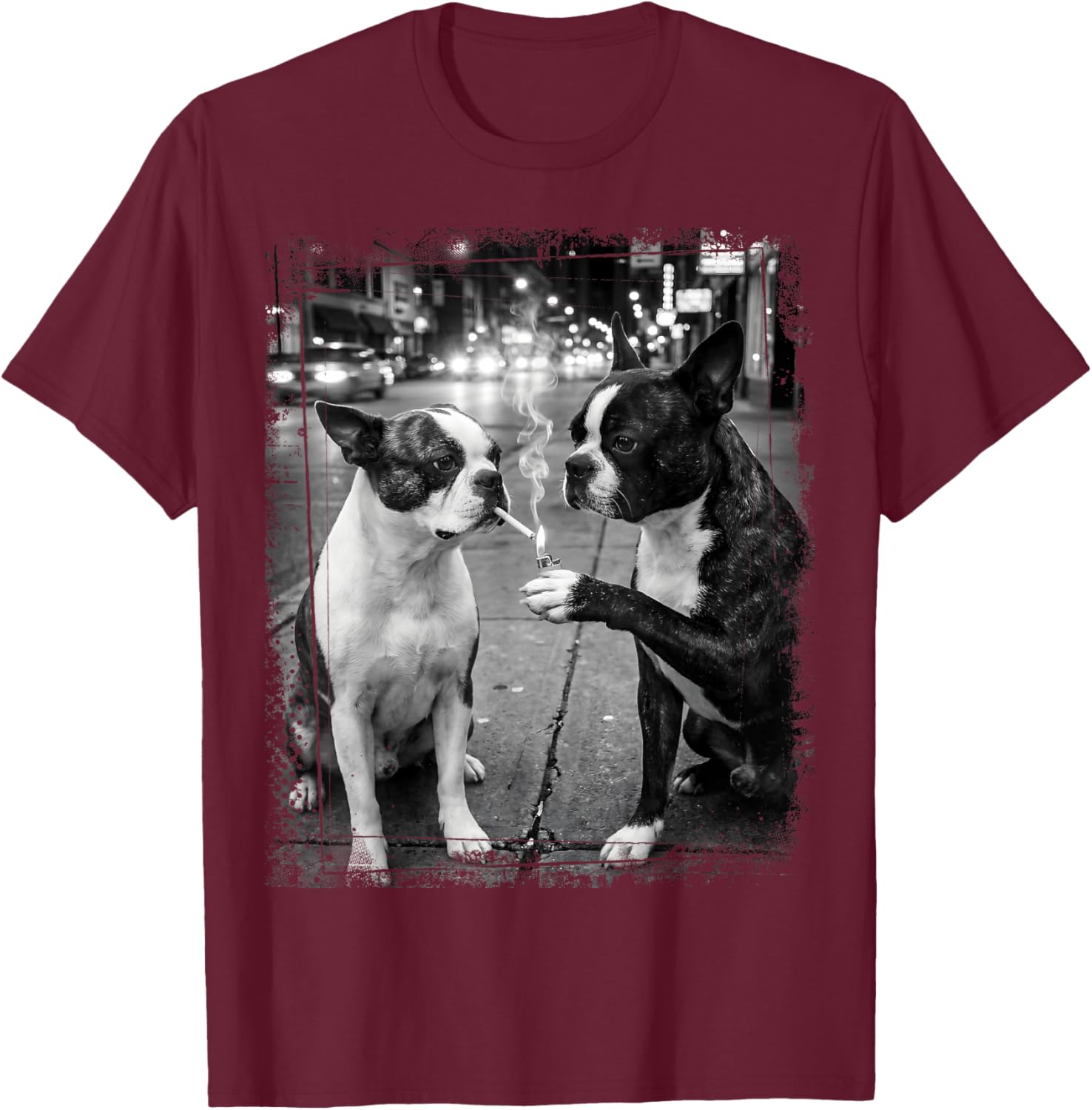 Boston Terrier Smoking Dog Edgy Street Art T-Shirt - T-Shirt | Maroon