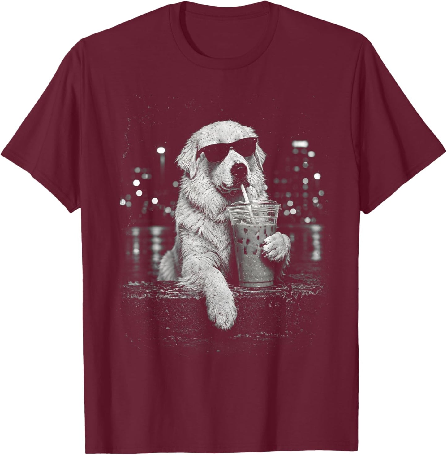 Funny Great Pyrenees Drinking Iced Coffee Meme T-Shirt - T-Shirt | Maroon