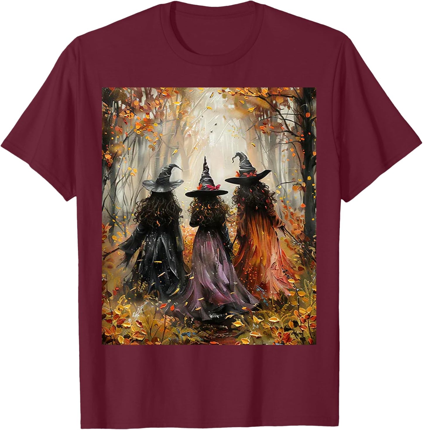 Autumn Three Witches Leaves Painting Art T-Shirt - T-Shirt | Maroon