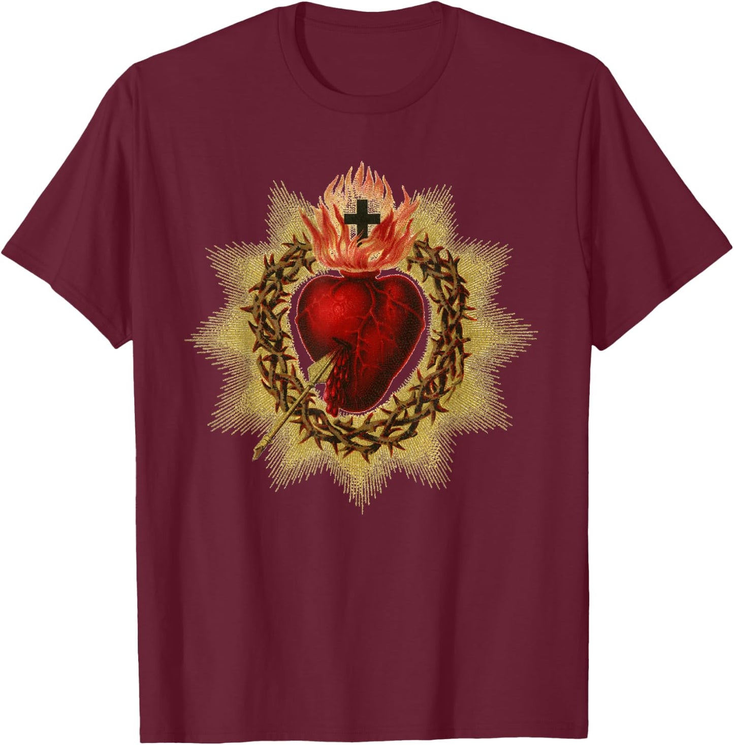 Catholic T Shirt - Sacred Heart in Crown of Thorns T-Shirt - T-Shirt | Maroon