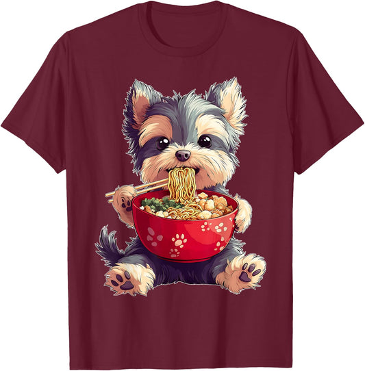 Yorkshire Terrier Yorkie Dog Japanese Ramen Noodles Kawaii T-Shirt - T-Shirt | Maroon