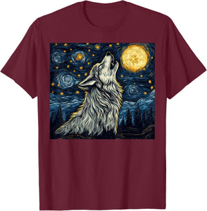 Wolf Starry Night Howling Moon Funny Van Gogh Graphic T-Shirt - T-Shirt | Maroon
