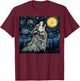 Wolf Starry Night Howling Moon Funny Van Gogh Graphic T-Shirt - T-Shirt | Maroon