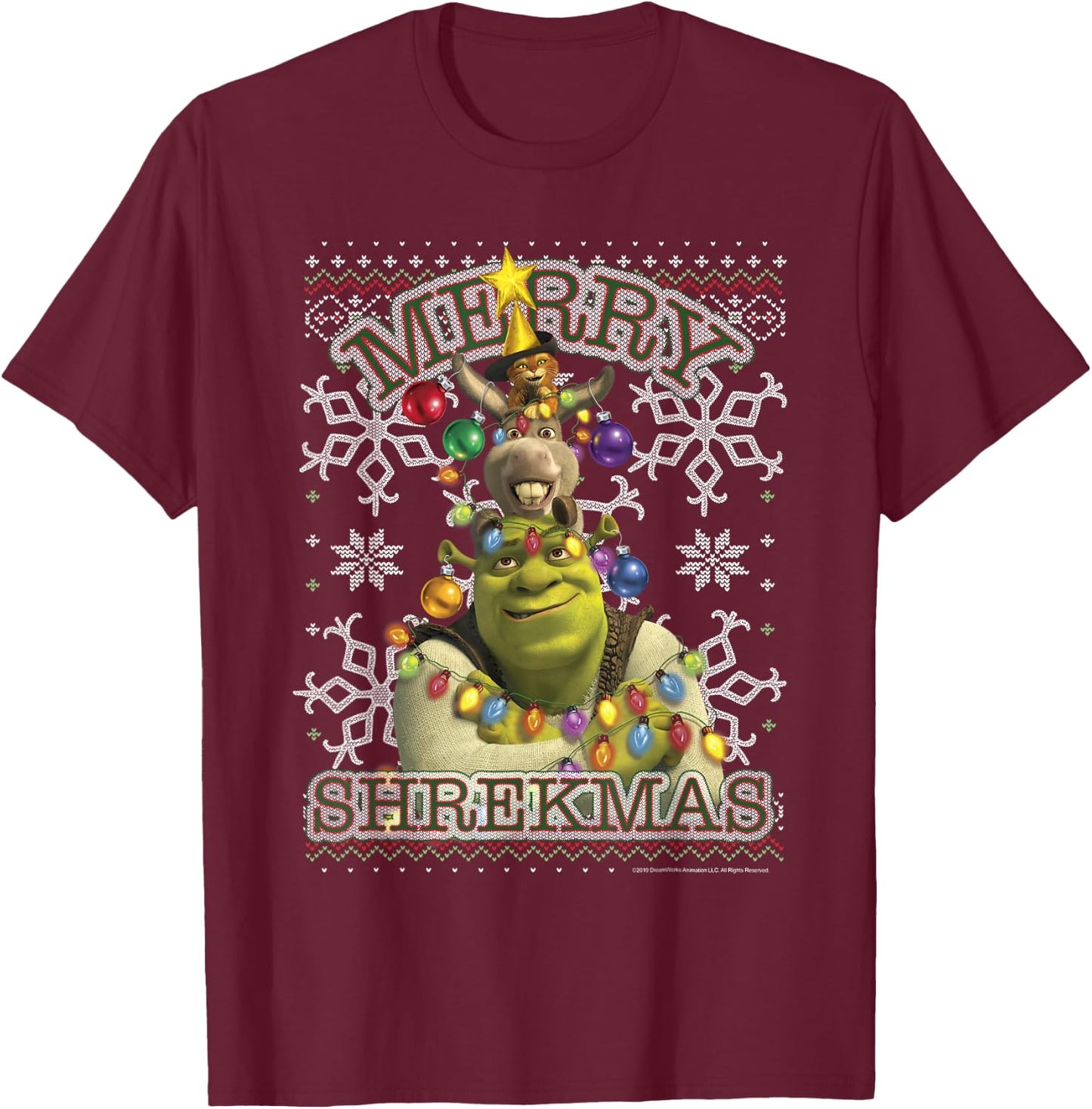 Shrek Donkey & Puss Merry Shrekmas Holiday Text Poster T-Shirt - T-Shirt | Maroon