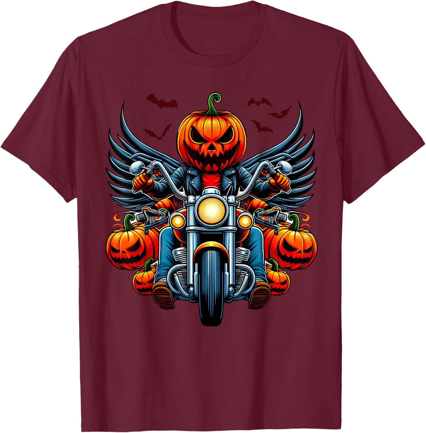 Pumpkin Rider Jack-o'-lantern Motorcycle Biker Halloween T-Shirt - T-Shirt | Maroon