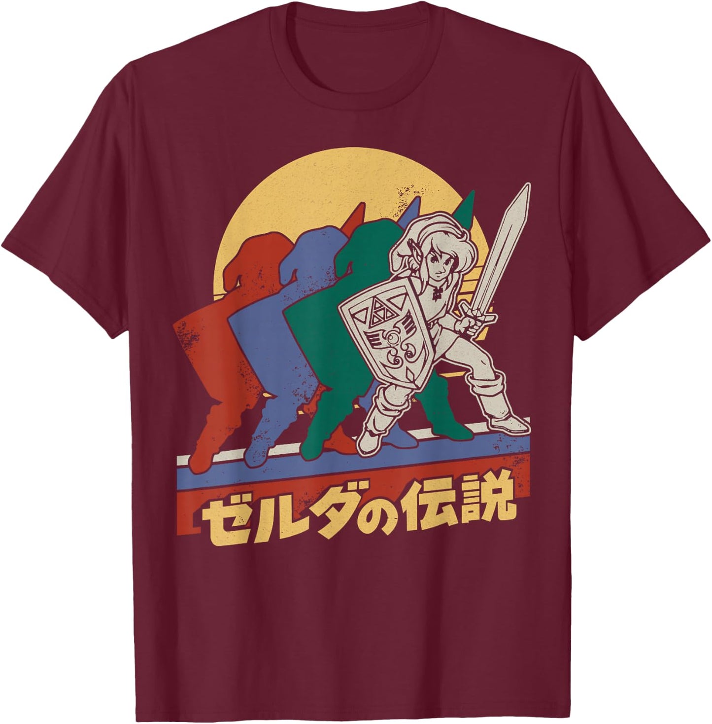 The Legend Of Zelda Retro Link Kanji Portrait - Black, Adult, Male, Short Sleeve, , Legend Of Zelda, S T-Shirt - T-Shirt | Maroon