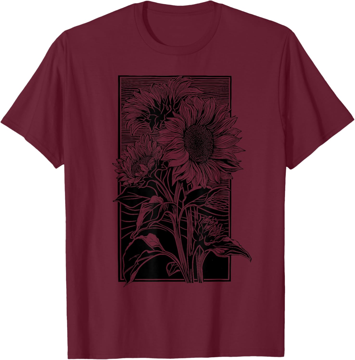 Sunflower Botanical Vintage Wildflower Floral T-Shirt - T-Shirt | Maroon