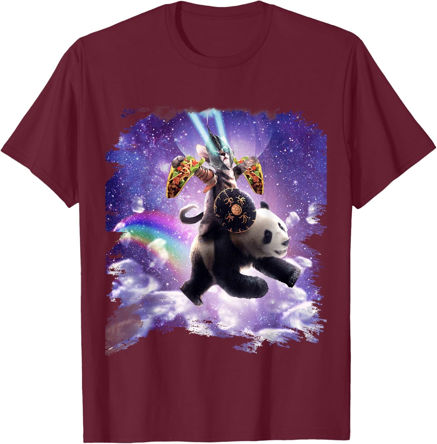 Lazer Warrior Space Cat Riding Panda With Taco T-Shirt - T-Shirt | Maroon