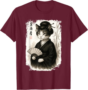 Funny Kitty Cat Geisha with Kimono. Japan Design T-Shirt - T-Shirt | Maroon