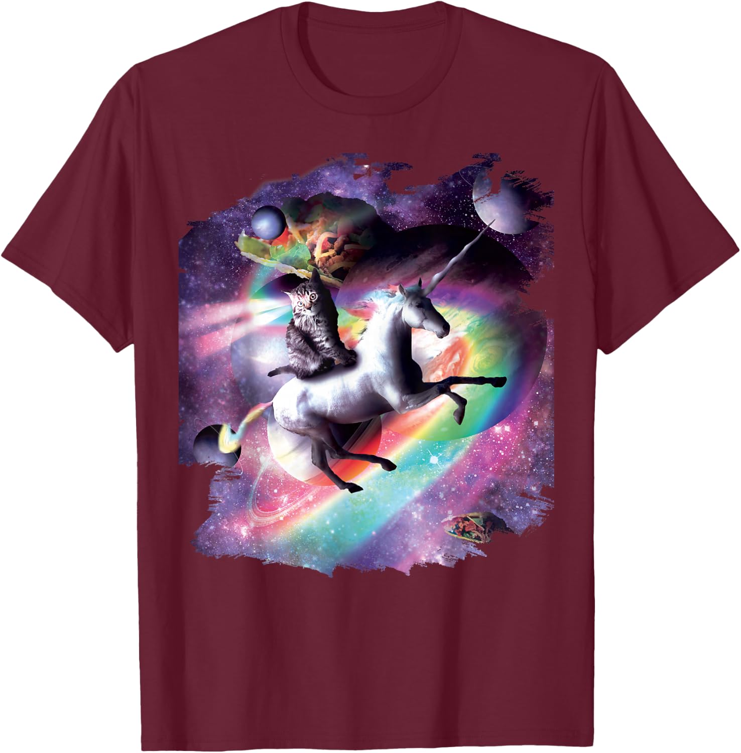 Space Cat Riding Unicorn - Laser, Tacos and Rainbow T-Shirt - T-Shirt | Maroon