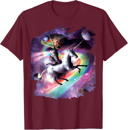 Space Cat Riding Unicorn - Laser, Tacos and Rainbow T-Shirt - T-Shirt | Maroon