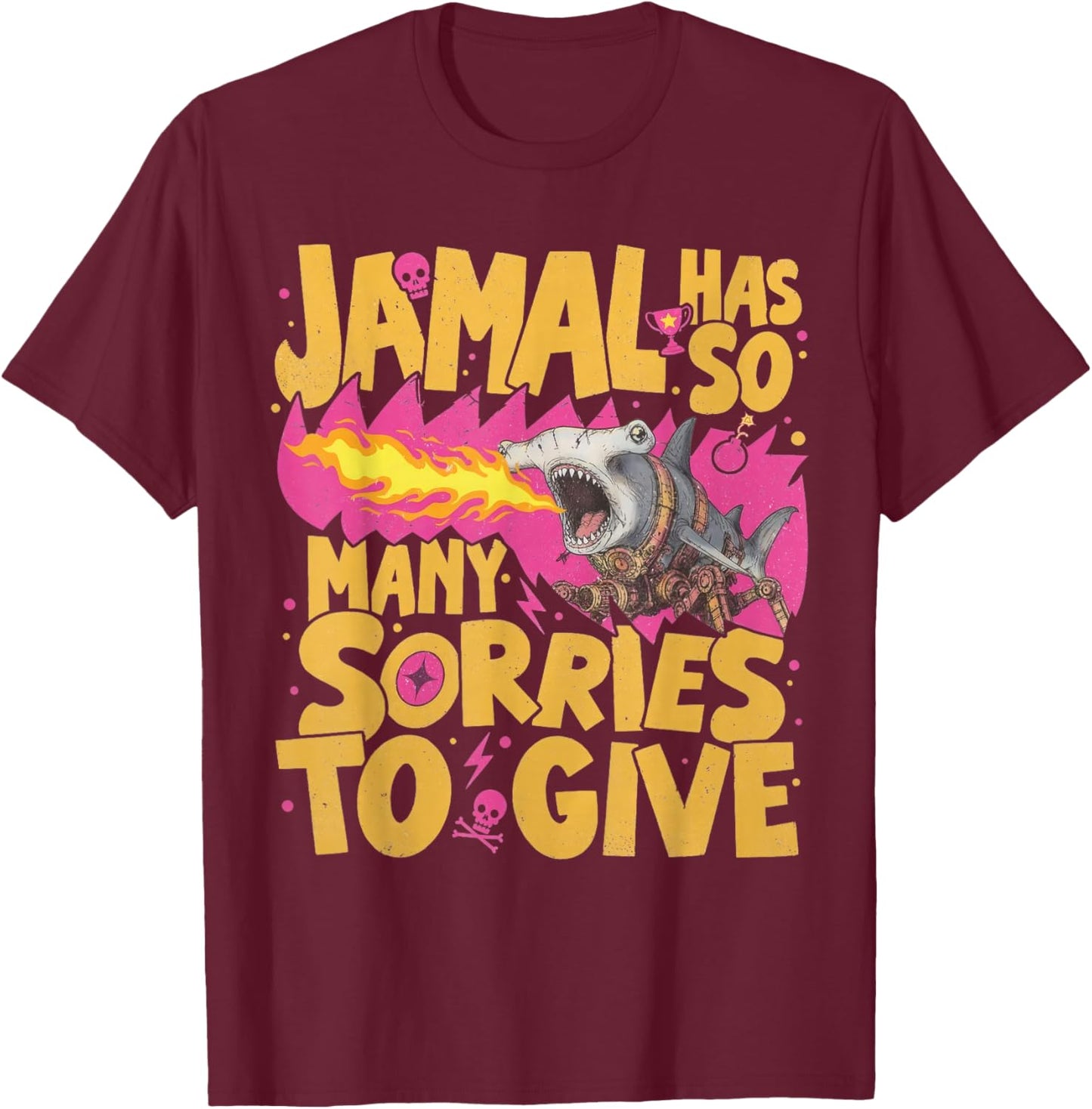 Jamal Has So Many Sorries to Give Cyborg Shark Fire LitRPG T-Shirt - T-Shirt | Maroon