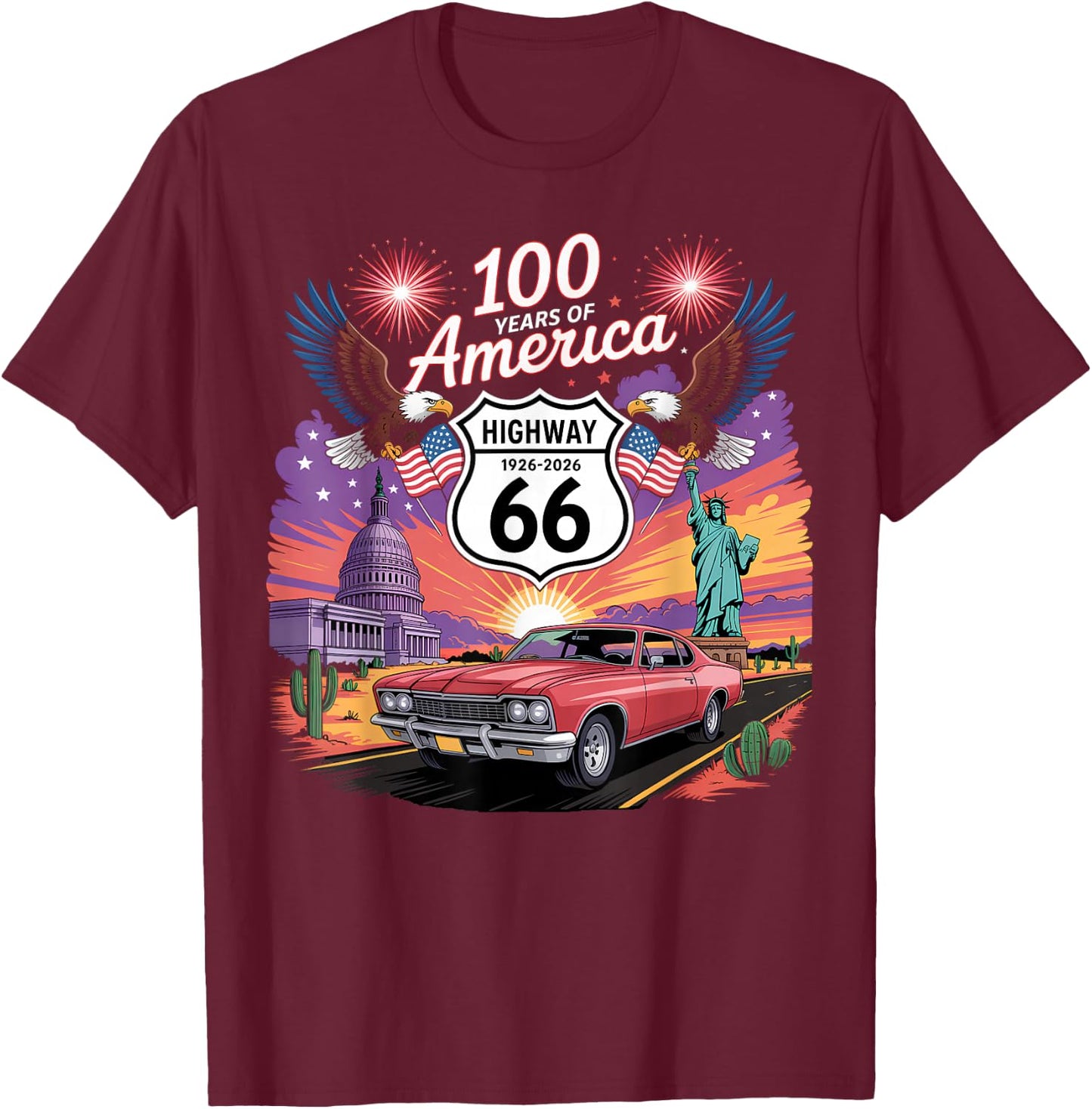 Highway 66 Centennial Car Anniversary 100 Years 1926-2026 T-Shirt - T-Shirt | Maroon