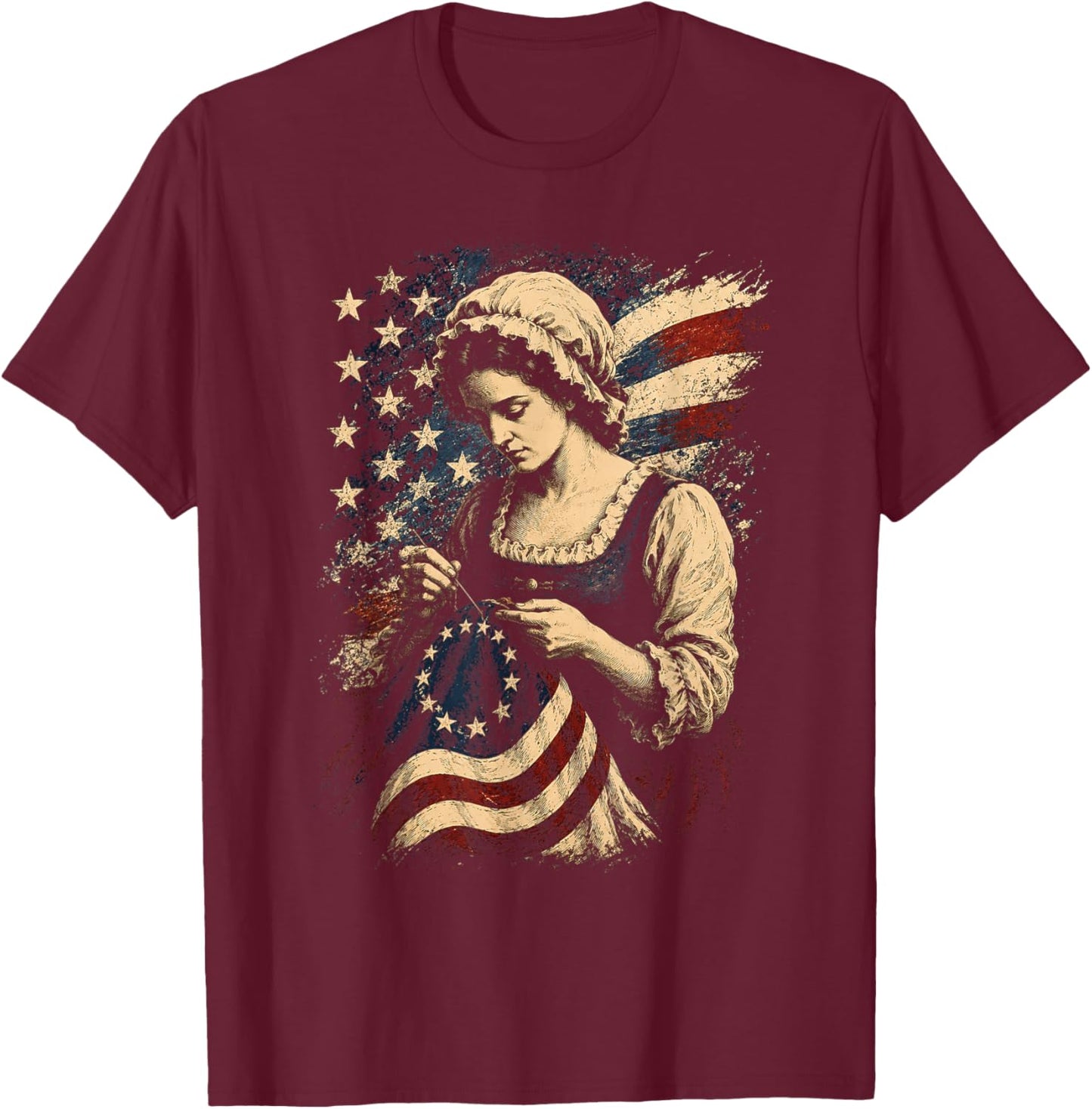 Betsy Ross Flag Funny Sewing First American Flag Design T-Shirt - T-Shirt | Maroon