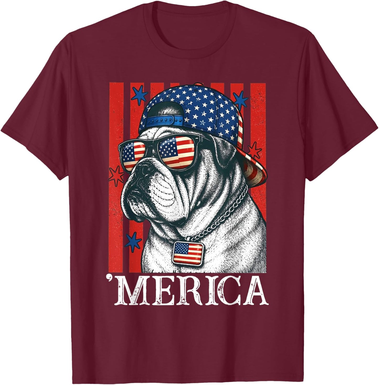 Merica Dog Patriotic English Bulldog American Flag T-Shirt - T-Shirt | Maroon