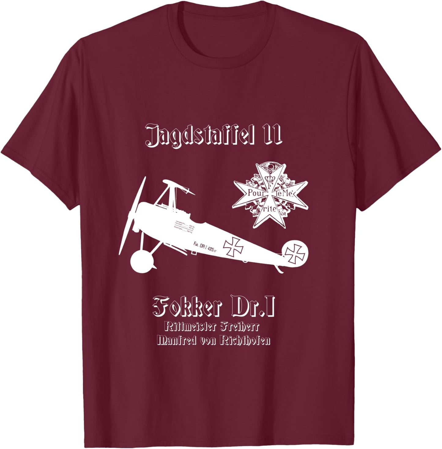Jasta 11 Fokker DR.I German Triplane Dreidecker Richthofen T-Shirt - T-Shirt | Maroon
