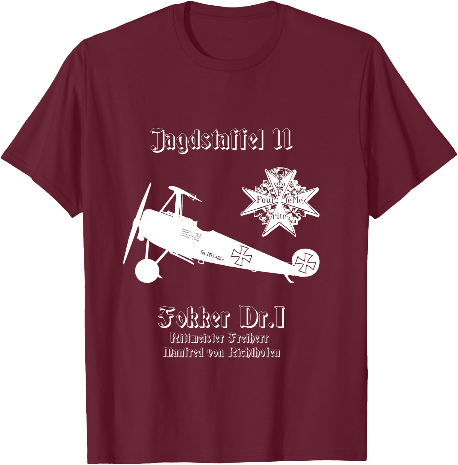 Jasta 11 Fokker DR.I German Triplane Dreidecker Richthofen T-Shirt - T-Shirt | Maroon
