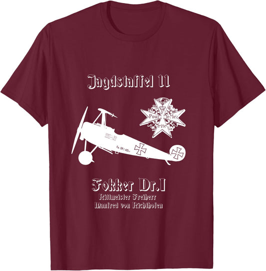 Jasta 11 Fokker DR.I German Triplane Dreidecker Richthofen T-Shirt - T-Shirt | Maroon