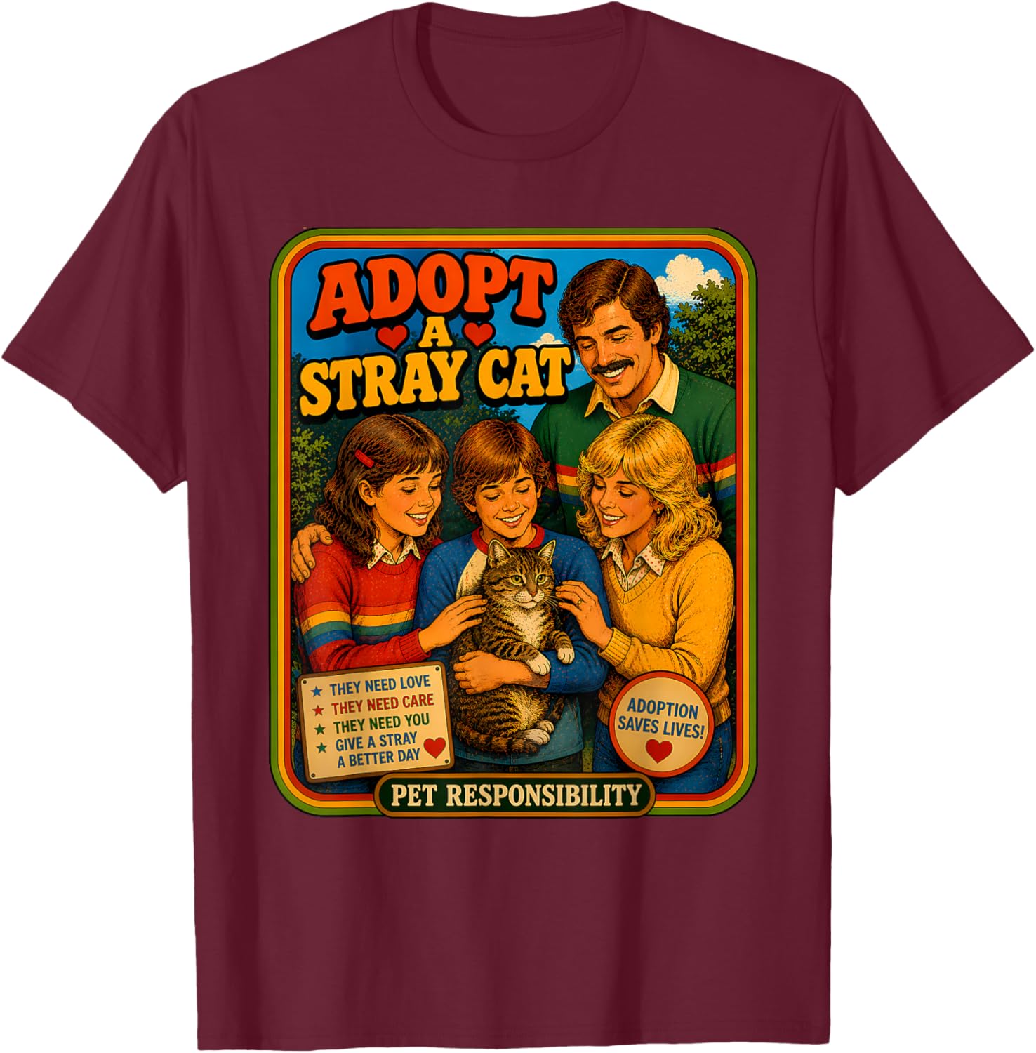 Adopt A Stray Cat Rescue Awareness Pet Adoption Retro 70s T-Shirt - T-Shirt | Maroon