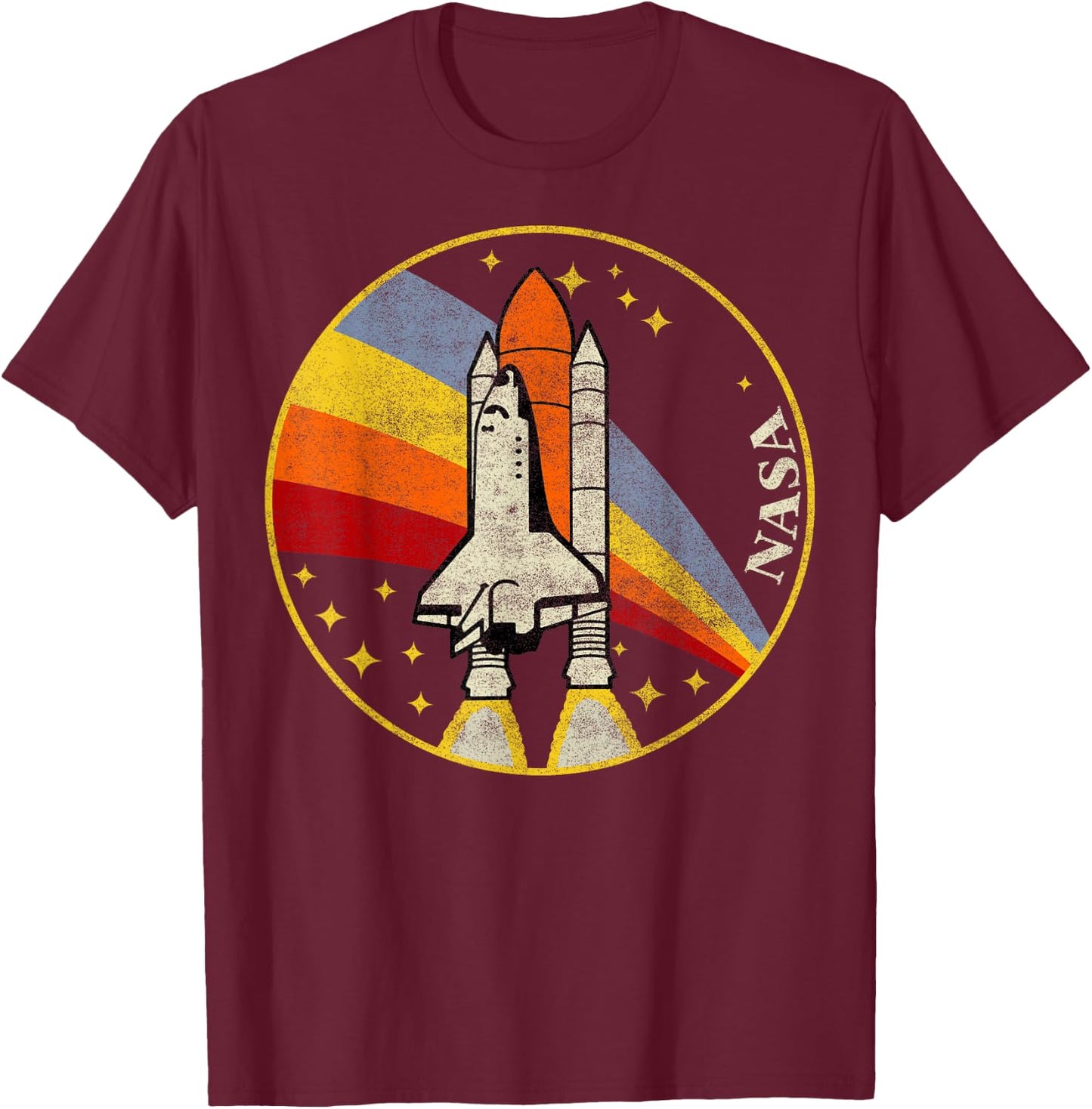 NASA Vintage Distressed Classic Rainbow Stripe Shuttle Badge T-Shirt - T-Shirt | Maroon
