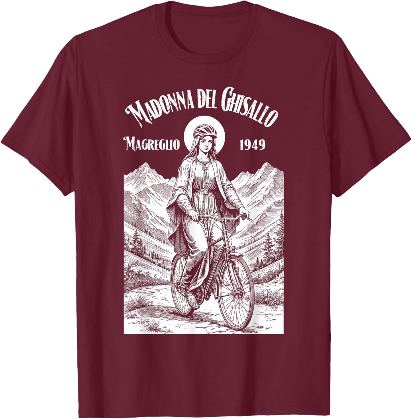 Cyclist Patron Saint Madonna del Ghisallo Bicycle T-Shirt - T-Shirt | Maroon
