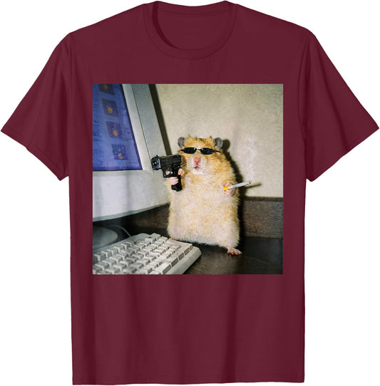 Funny Hamster Meme Cyber Hamster Meme Smoking Humor Computer T-Shirt - T-Shirt | Maroon