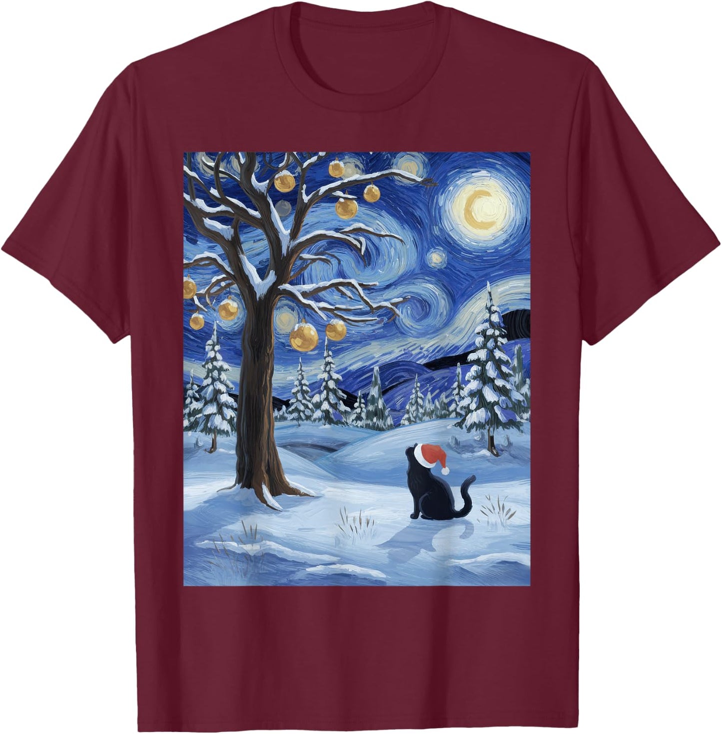 Starry Night Festive Christmas Cat Santa Winter Xmas Women Kids T-Shirt - T-Shirt | Maroon