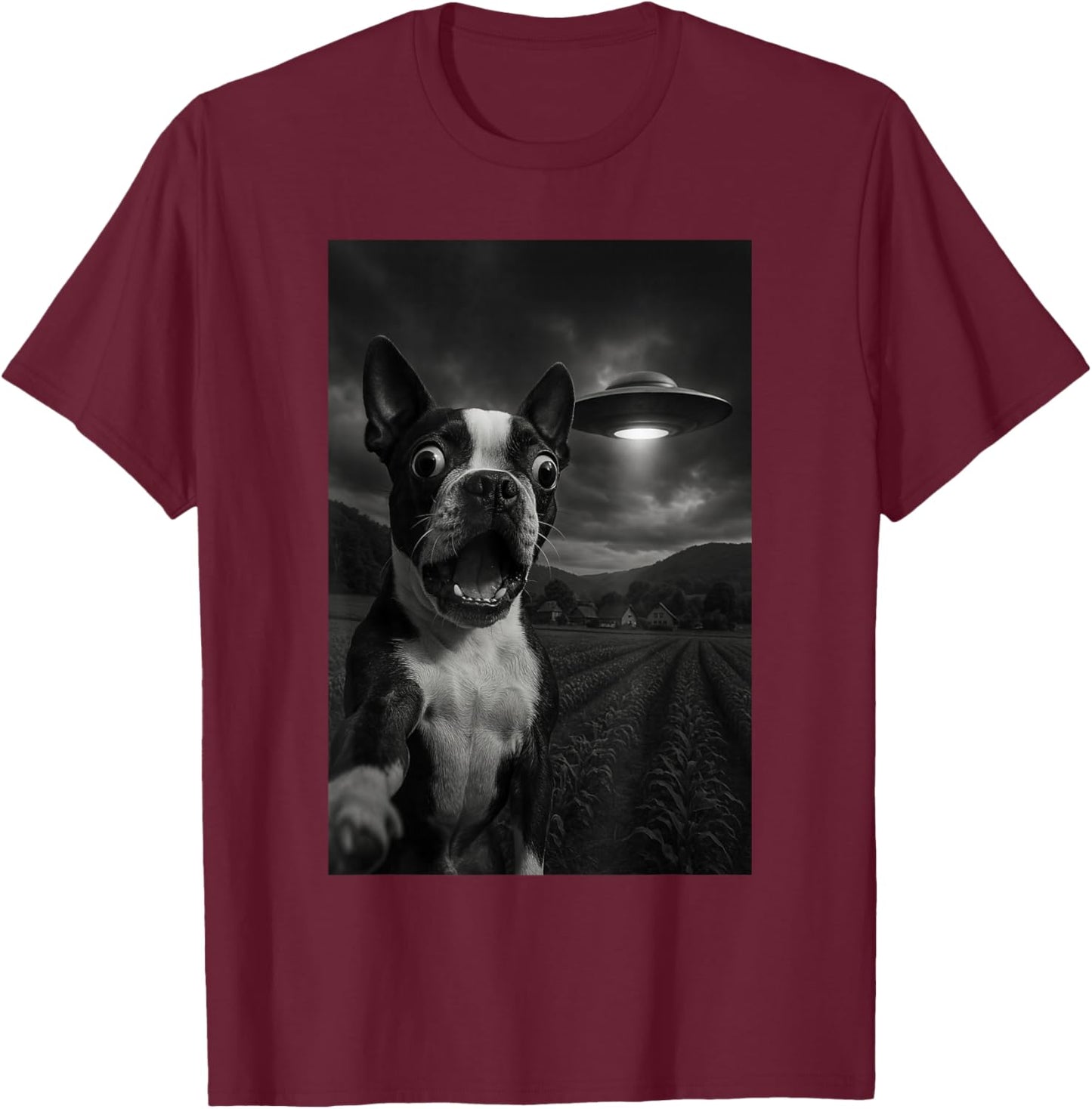 Boston Terrier UFO Encounters Selfie T-Shirt - T-Shirt | Maroon