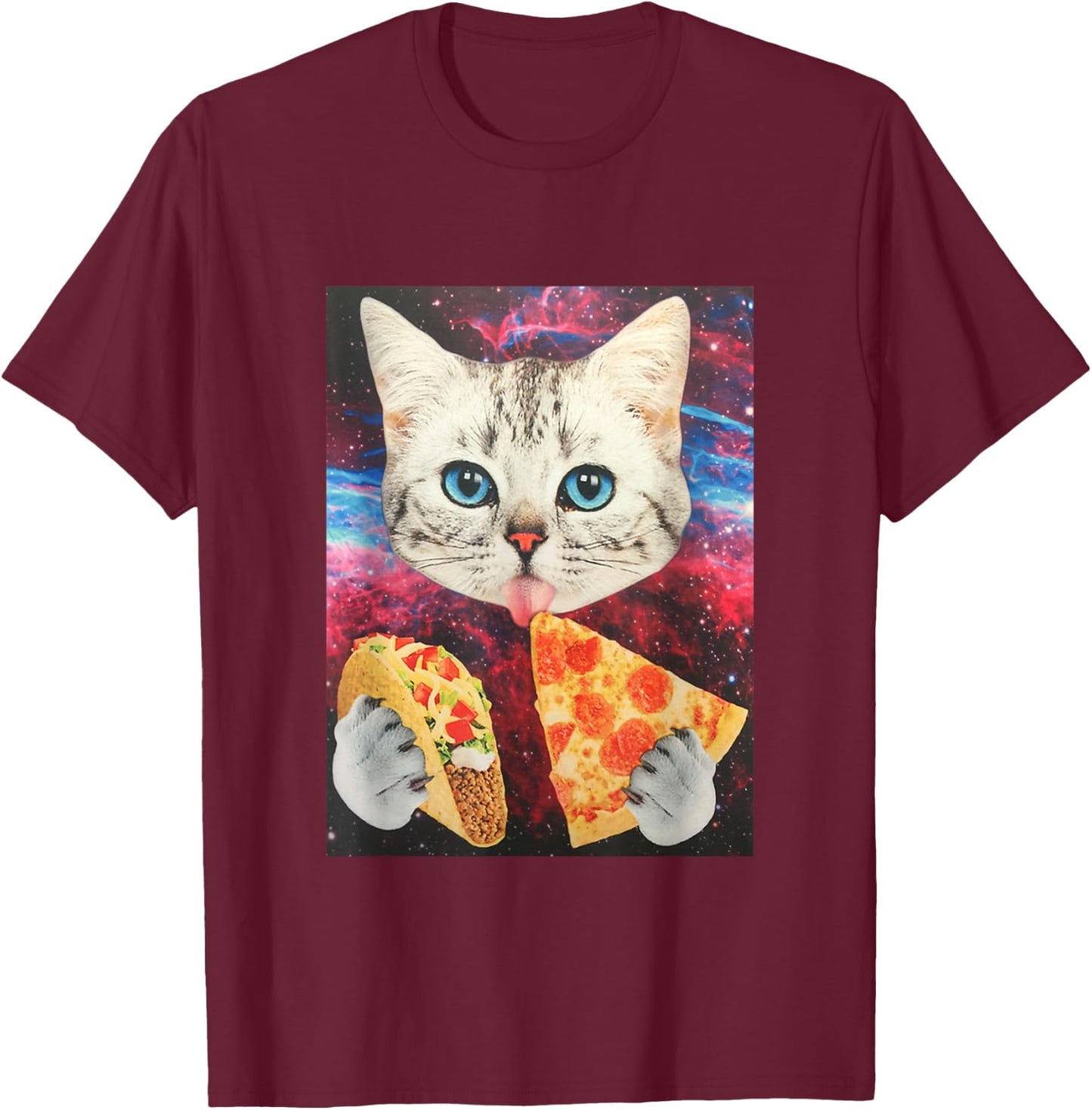 Funny Cute Outer Space Galaxy Cat Meme Pizza Taco Trippy T-Shirt - T-Shirt | Maroon