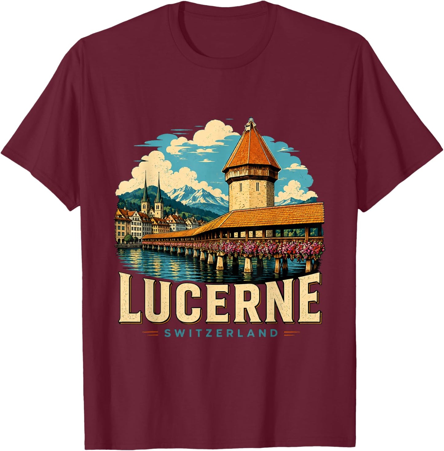 Vintage Lucerne Switzerland Travel Souvenir Landmark Gift T-Shirt - T-Shirt | Maroon