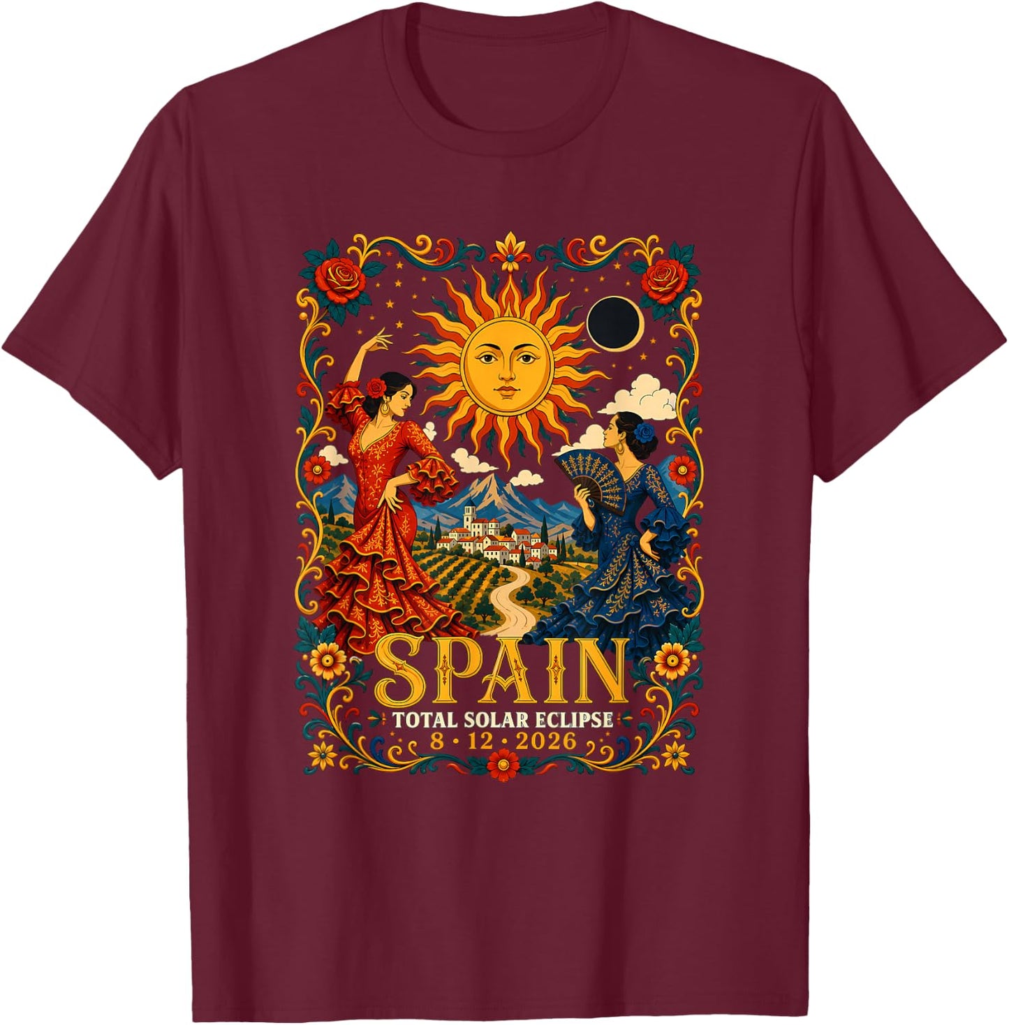 Spain Total Solar Eclipse 2026 August Flamenco Astronomy Art T-Shirt - T-Shirt | Maroon