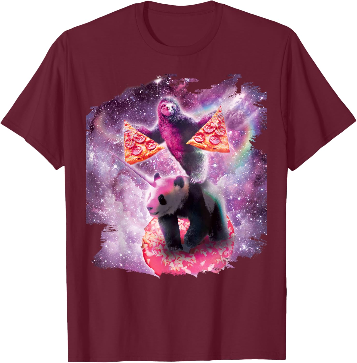 Space Pizza Sloth On Panda Unicorn On Doughnut T-Shirt - T-Shirt | Maroon